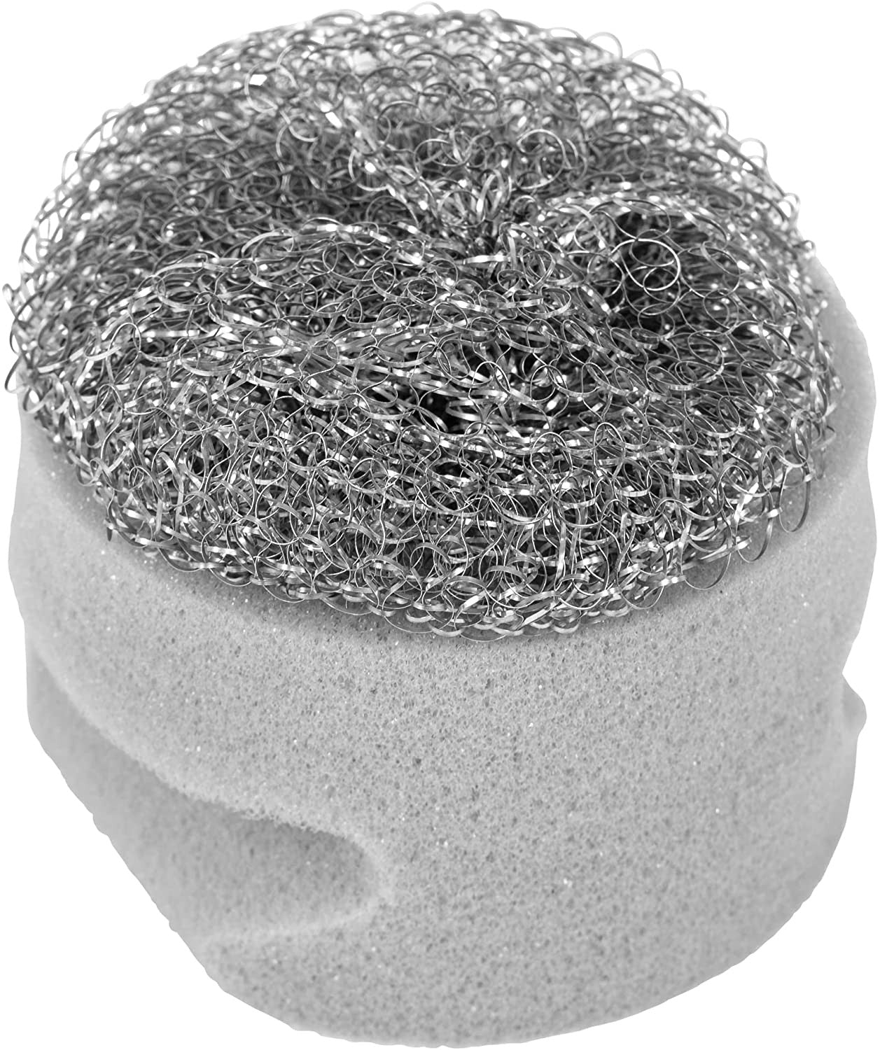 Grey sponge scourer with a textured metallic scrubbing surface on top, designed for easy grip, packaged as a 2-pack by Fairy.