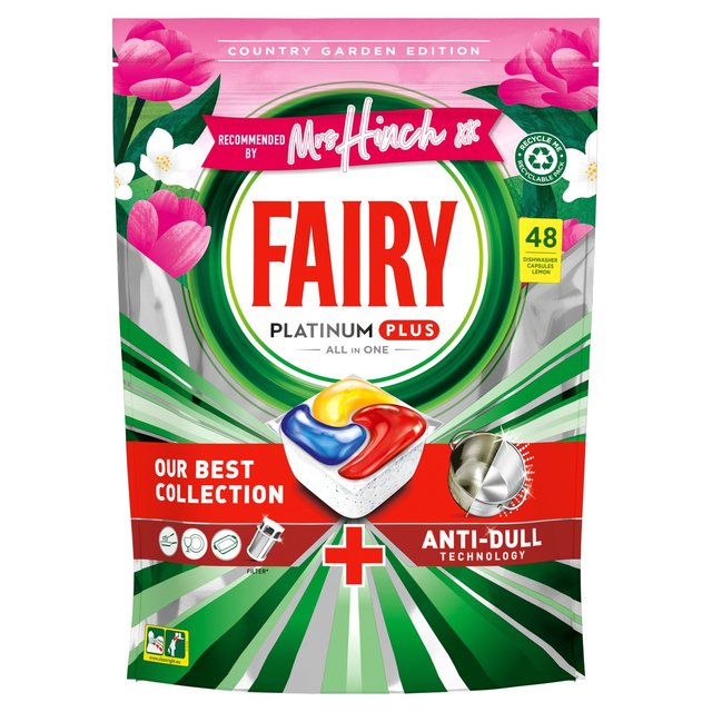 Fairy Adw Platinum Plus 48S Lemon packaging features vibrant green and pink colors, with a prominent logo, a multi-colored pod graphic, and highlights of "anti-dull technology."