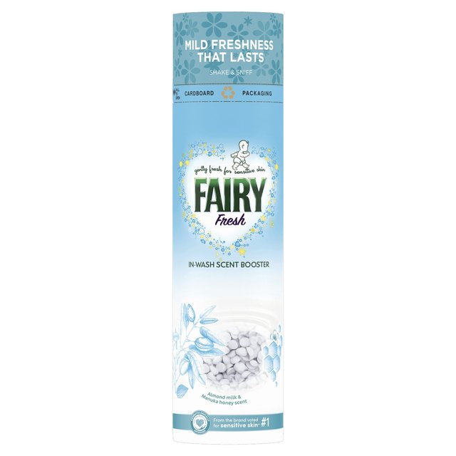 Fairy Non Bio in-wash scent booster beads in a cylindrical cardboard container, featuring a blue and white design with floral accents and a heart logo, 320g.