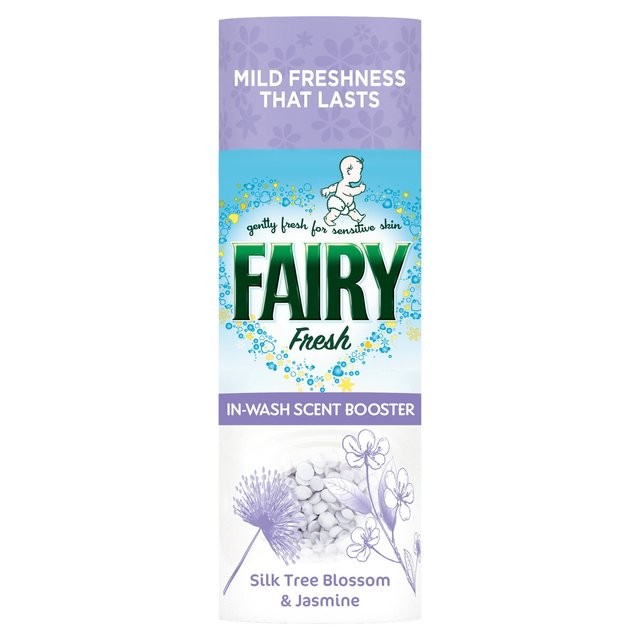 Fairy Fresh in-wash scent booster container in purple and white, featuring Silk Tree Blossom & Jasmine scent, with a playful design and 176g capacity.