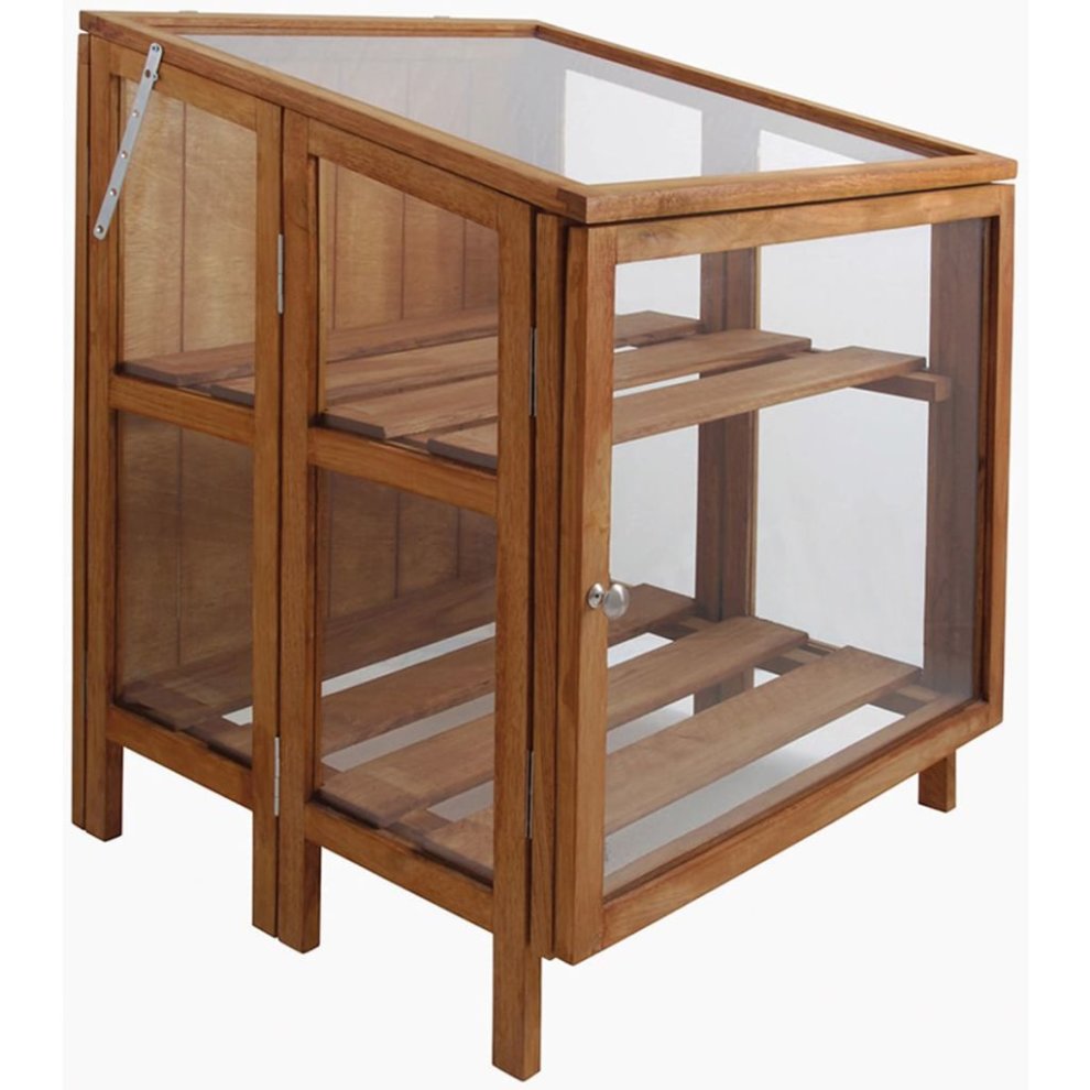 Foldable outdoor greenhouse made of hardwood with a transparent glass front, featuring two wooden shelves and a slanted roof for optimal sunlight exposure.