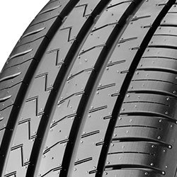 Black Falken ZIEX ZE310 ECORUN tire with a tread pattern featuring wide grooves and small sipes, designed for improved grip and rim protection (MFS) in size 235/50 R17 96W.