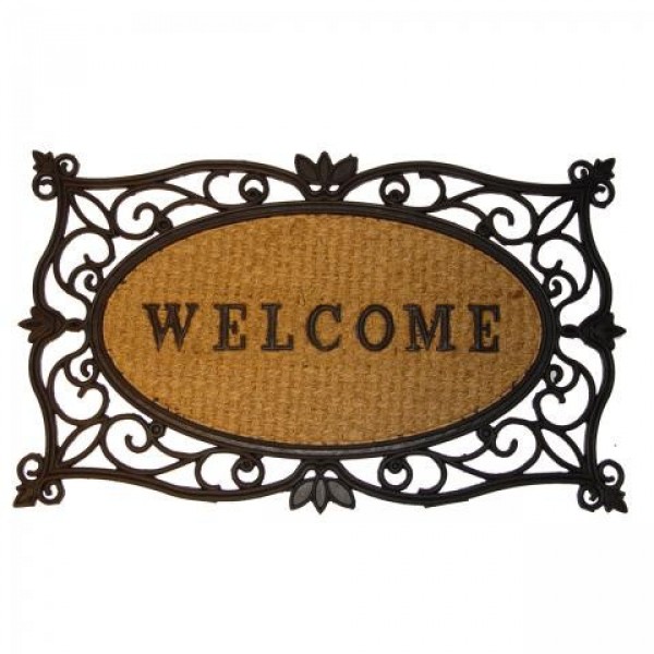Brown coir doormat with a decorative rubber trim, featuring an oval shape and the word "WELCOME" prominently displayed in black lettering.