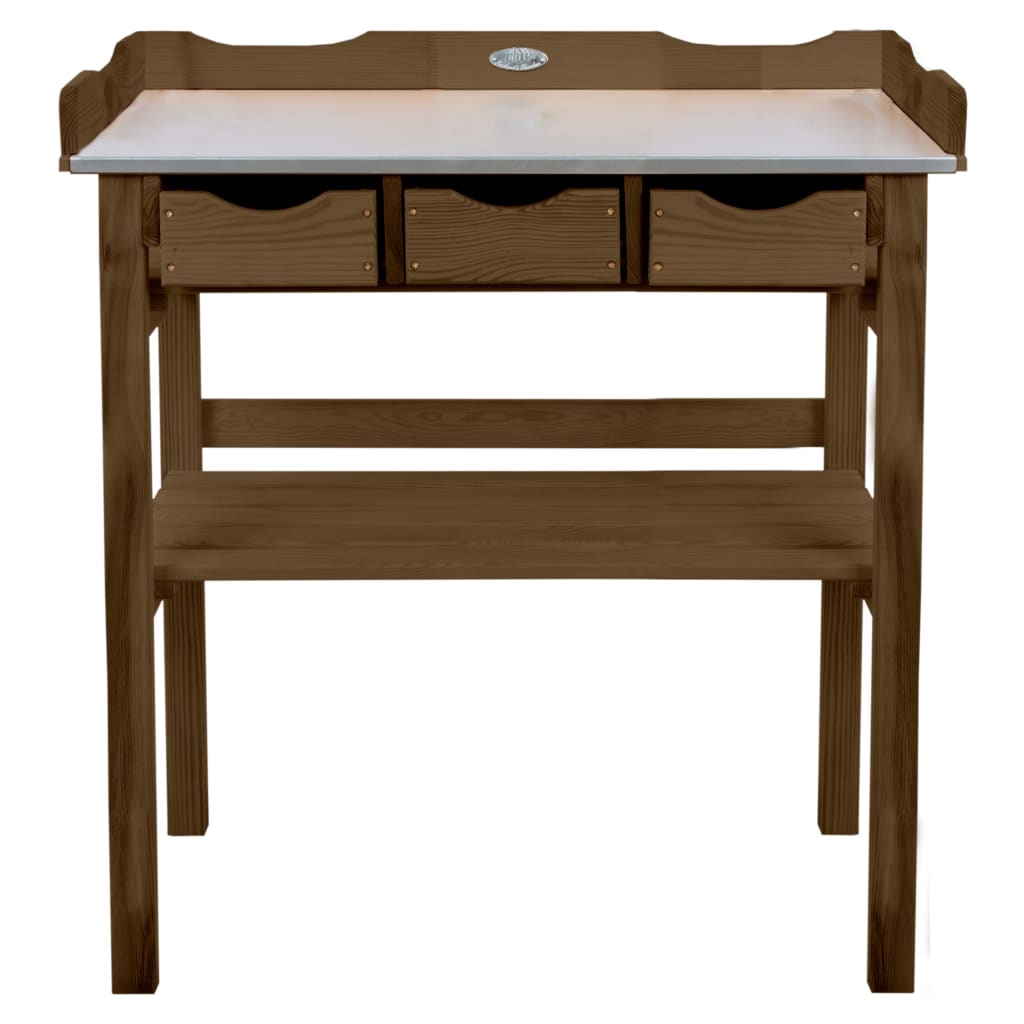 Brown wooden potting table with a white tabletop, featuring three drawers and a lower shelf, designed for gardening tasks.