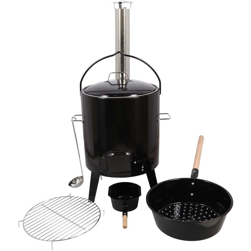 Black outdoor eintopf oven set with a tall chimney, metal body, wooden handles, a round pot with holes, a wire rack, and a ladle, designed for cooking outdoors.