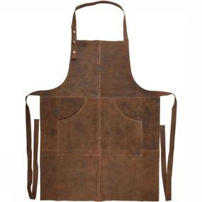Brown leather BBQ apron featuring an adjustable fit, two front pockets, and a classic design with button details for added style and functionality.