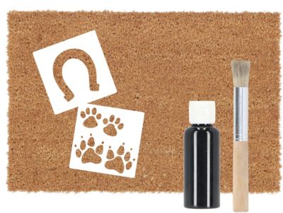 Multicolored customizable doormat measuring 60x40cm, made of coir, featuring stencils of a horseshoe and paw prints, along with a paint bottle and brush for personalization.