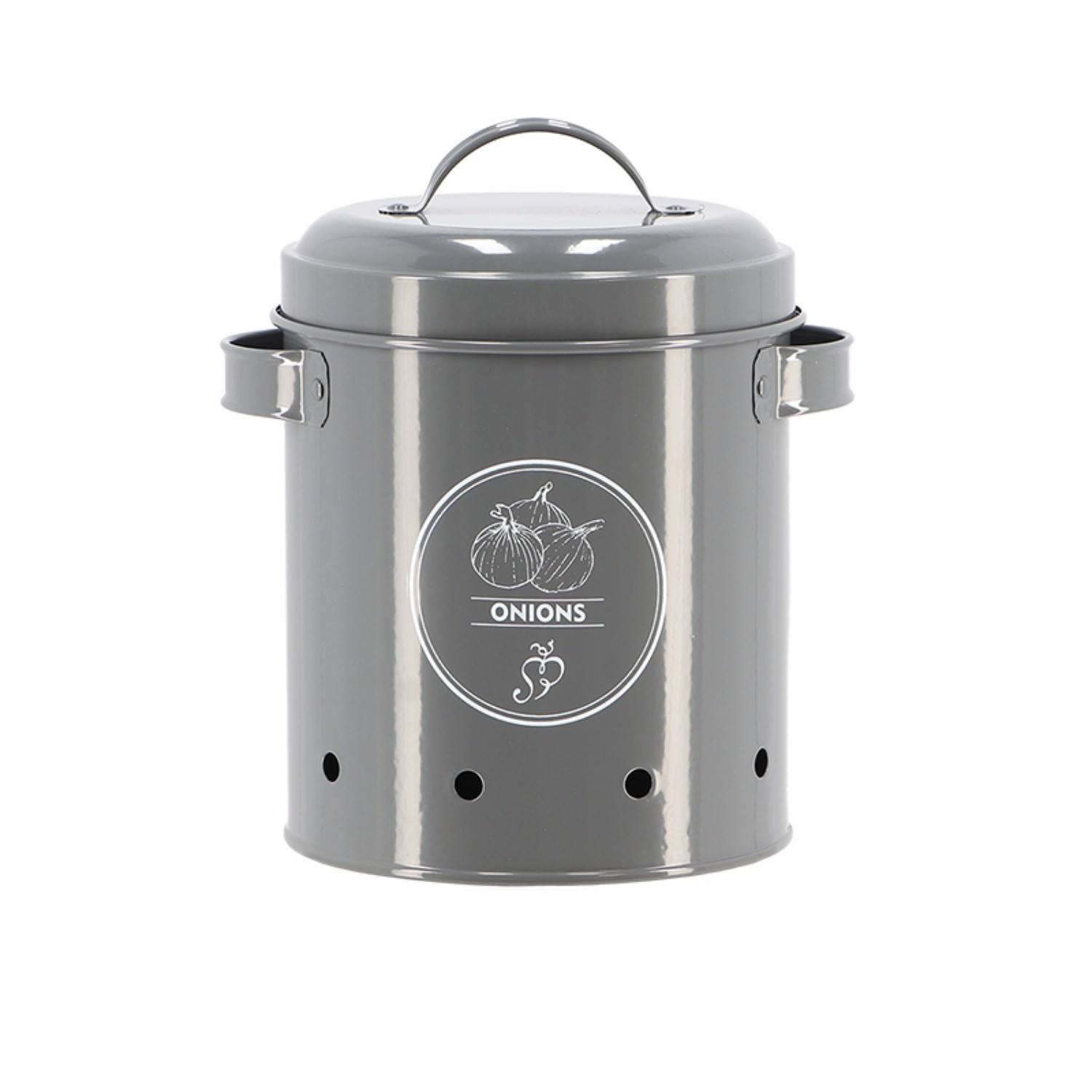 Gray metal storage container for onions, featuring a round body, a lid with a handle, side handles, and ventilation holes, adorned with an onion graphic and text label.