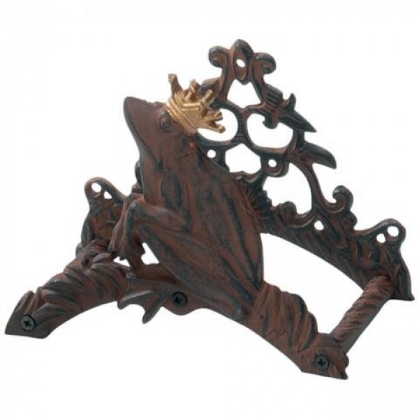 Antique rust-colored frog king hose holder made of metal, featuring a crowned frog design with intricate detailing and a sturdy base for hose storage.