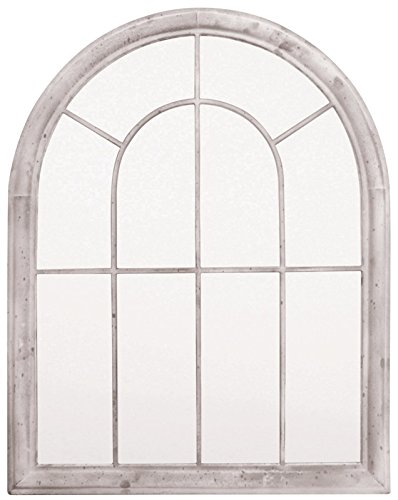 Large arched metal mirror with a distressed gray frame, featuring a grid design that adds a vintage touch to any decor.