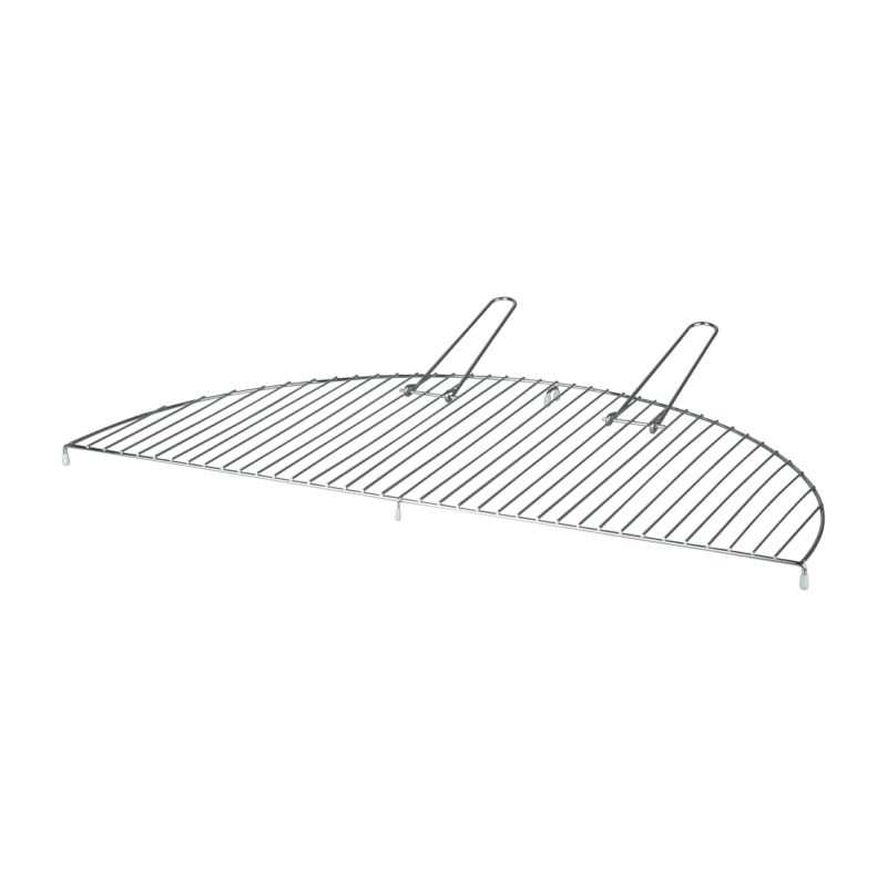 Silver metal BBQ grill designed for 70 cm diameter firebowls, featuring a curved shape with sturdy wire construction and two hooks for secure placement.