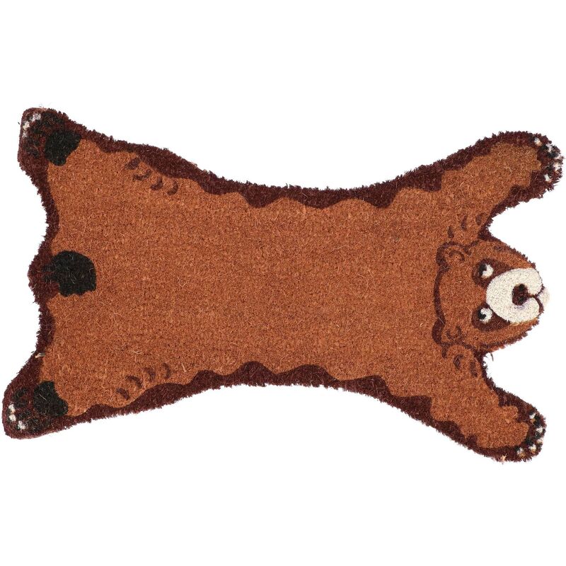 Medium-sized doormat in the shape of a bear, featuring a brown coir texture with a smiling bear face and paw prints, designed for outdoor use.