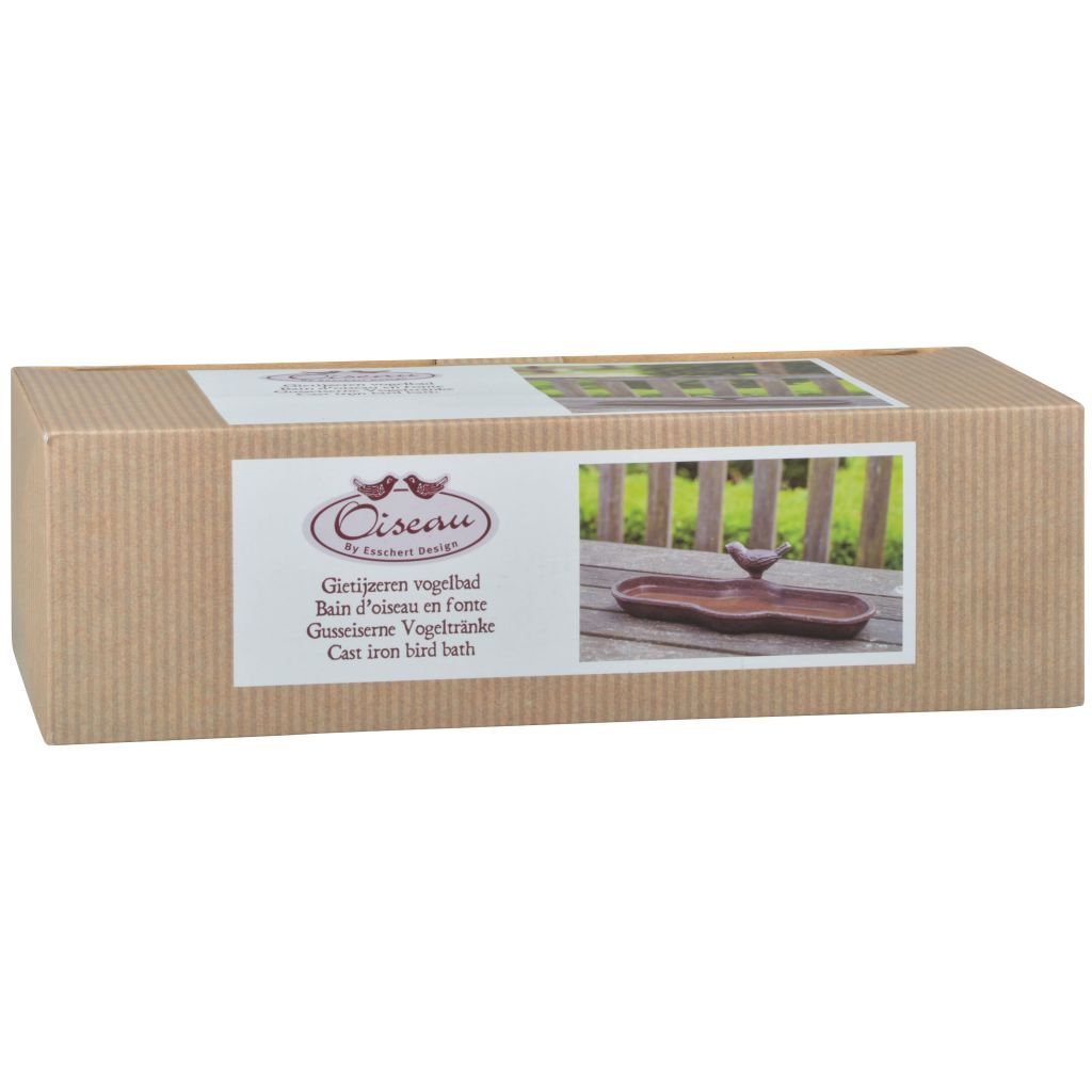 Brown cast iron birdbath with a sleek, curved design, featuring a rustic finish, packaged in a simple cardboard box with a label showcasing its use for birds.