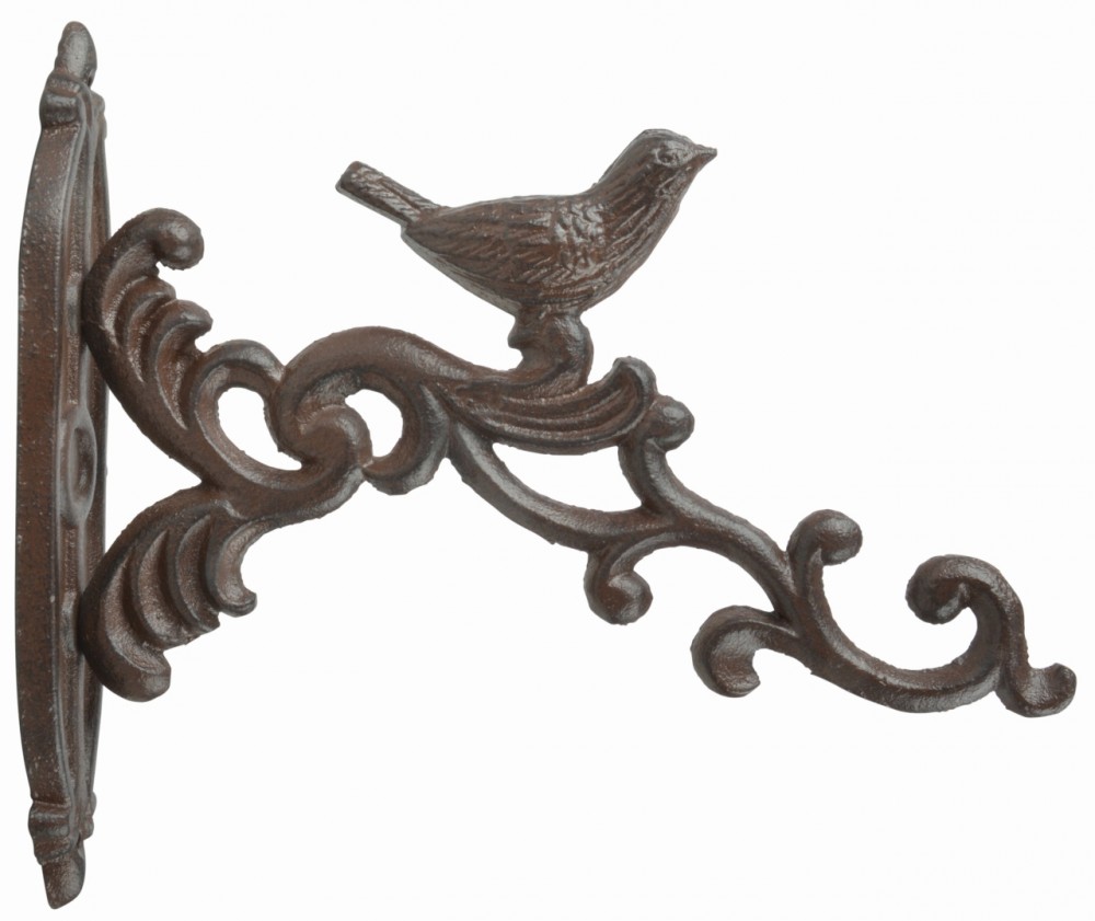 Brown cast iron hanging basket hook featuring an ornate design with a bird perched on top, ideal for garden flower planters.