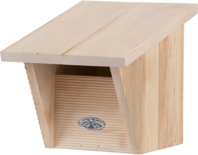 Brown wooden birdhouse with a slanted roof, featuring a textured front panel and a circular entrance, packaged in a decorative gift box.