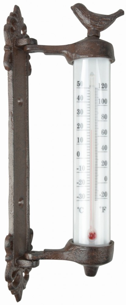 Brown cast iron wall thermometer featuring a clear glass tube with a red liquid, marked with Celsius and Fahrenheit scales, and topped with a decorative bird design.