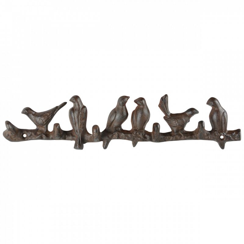 Cast iron coat hanger featuring five bird figures perched on a textured branch, finished in a rustic brown color with visible detailing on the birds and branch.