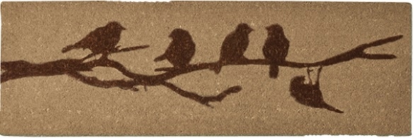 Large rectangular coconut fiber doormat featuring a silhouette of five birds perched on a branch, with a natural brown color and textured surface.