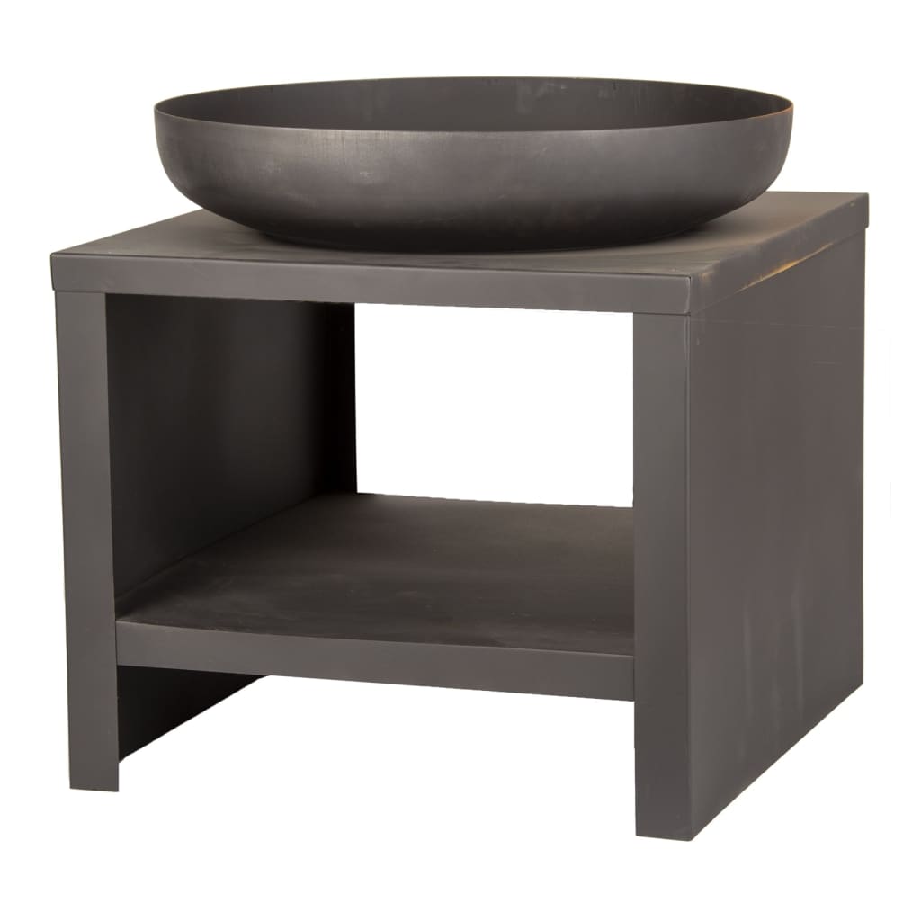 Black metal fire bowl on a sturdy square base with a lower wood storage shelf, designed for outdoor use, measuring 62 cm in diameter.