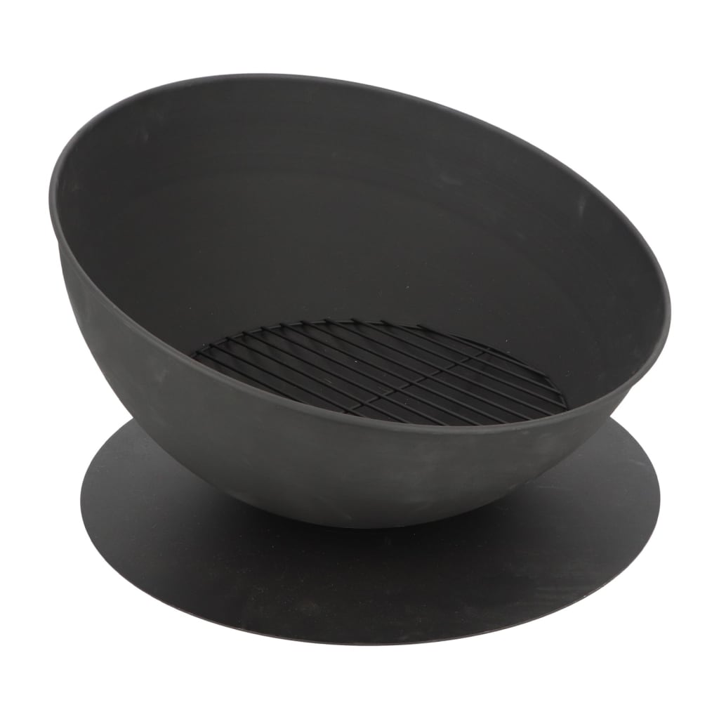 Black, round fire bowl with a sloped design, featuring a metal grill inside and a circular base, made from durable material for outdoor use.