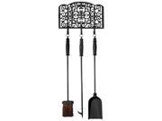 Three-piece fireplace tool set in black metal with ornate designs, featuring a poker, shovel, and brush, complete with a wall mount for easy storage.