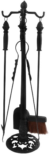 Four-piece black cast iron fireplace tool set with ornate detailing, featuring a stand, poker, tongs, and brush, elegantly designed for functional use.