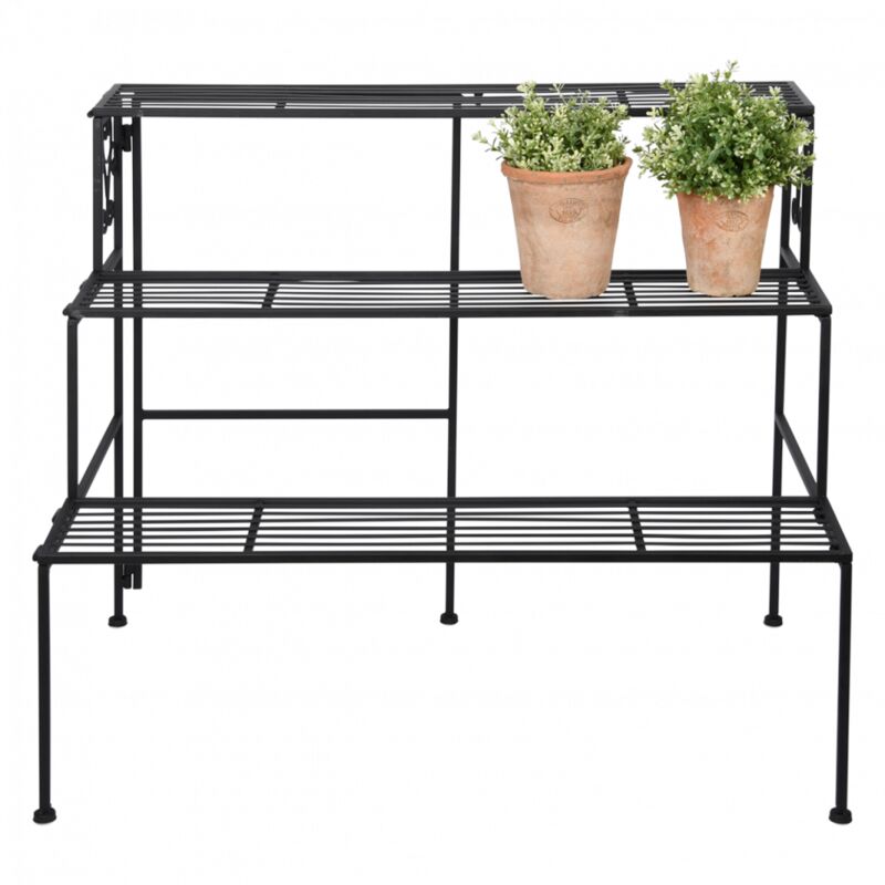 Black iron three-shelf folding table with a slatted design, featuring two potted plants on the top shelf, measuring 51.5 x 78.9 x 65.3 cm.