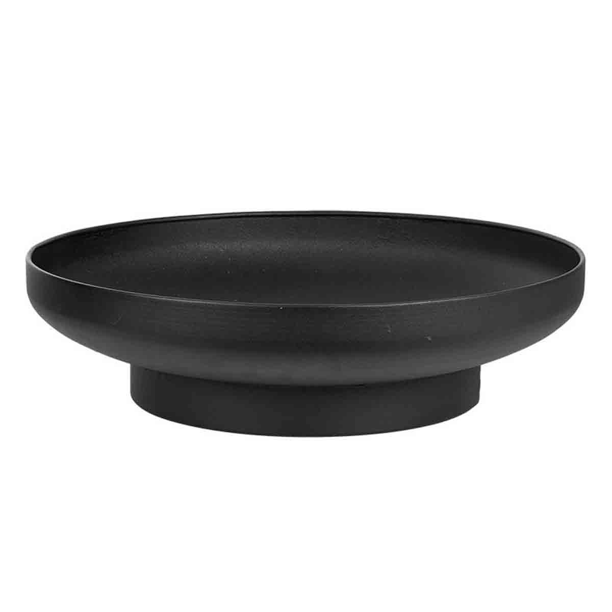 Black low round outdoor firebowl grill made of metal, featuring a smooth, sleek surface and a sturdy base for stability.
