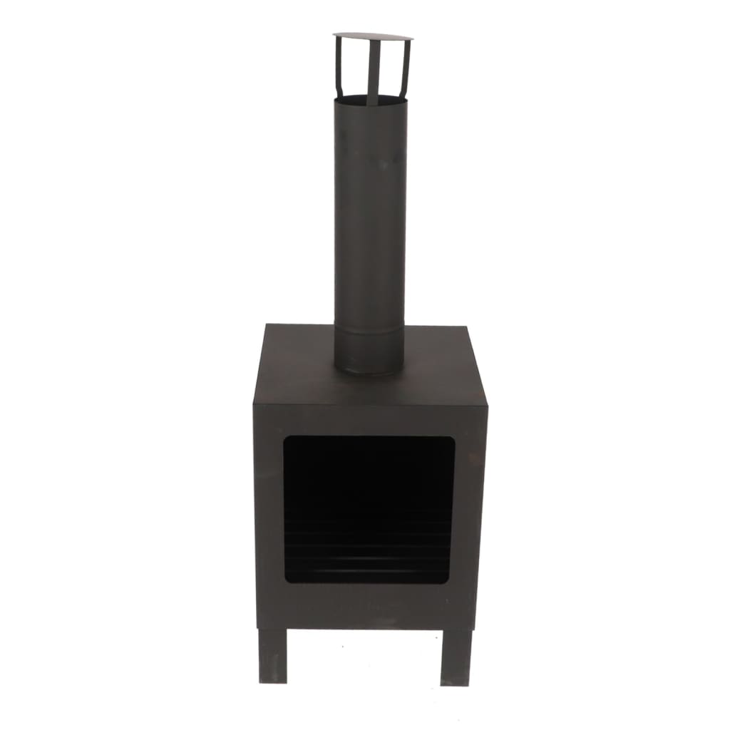 Black metal outdoor fireplace with a square base, vented chimney, and an open front for firewood, featuring a sleek, modern design suitable for garden use.