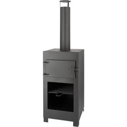 Black metal terrace stove with a pizza oven, featuring a tall chimney, front door with handles, and an open storage area at the bottom for firewood or grilling tools.