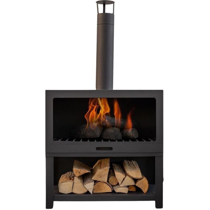 Black outdoor fireplace with integrated wood storage, featuring a glass front, a tall chimney, and flames visible inside, creating a cozy ambiance.