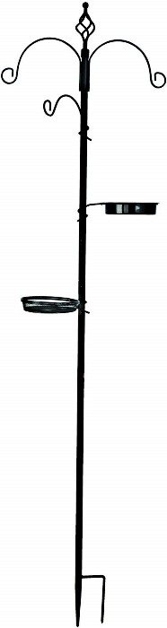 Black metal bird station with a slender pole, decorative scrolls, and two feeding trays, designed for outdoor use.