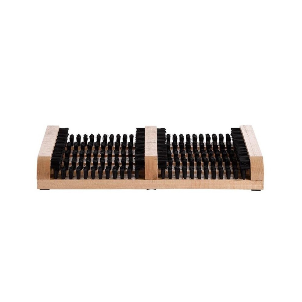 Double boot brush with a wooden base featuring two rows of black bristles, designed for cleaning footwear effectively.