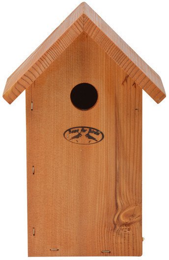 Wooden birdhouse with a sloped roof, crafted from Douglas fir, featuring a circular entrance hole and a logo on the front, showcasing a natural wood finish.