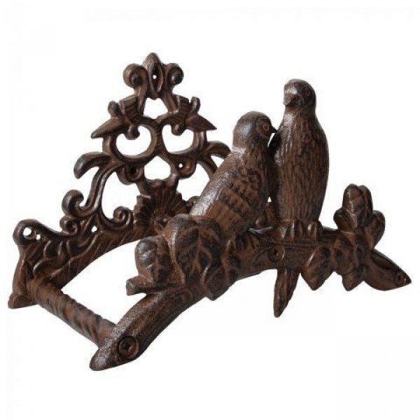 Brown cast iron garden hose holder featuring two intricately detailed birds perched on a branch, with decorative floral elements above.