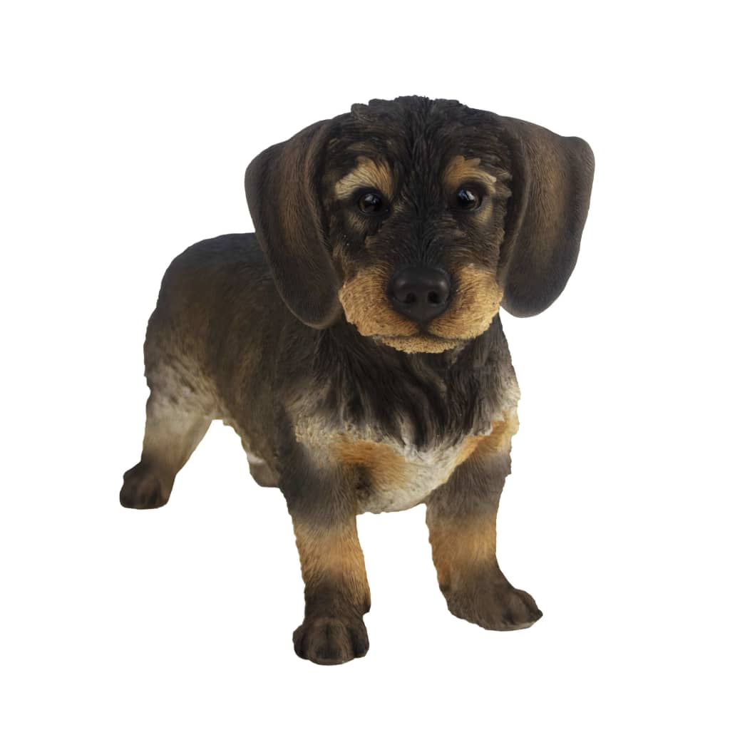 A realistic, brown and black dachshund figurine made of durable material, featuring detailed fur texture and a charming expression, measuring 50x15x27.8 cm.