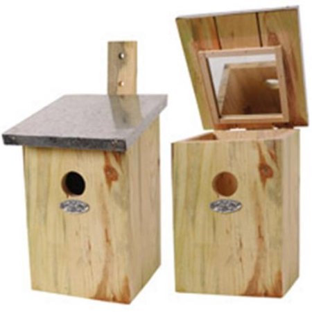 Wooden birdhouse with a natural finish, featuring a mirrored nesting box lid and a circular entrance hole, designed for outdoor use.