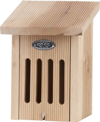 Wooden butterfly house with a sloped roof, featuring vertical slats and a metal plaque, designed for attracting butterflies in gardens.