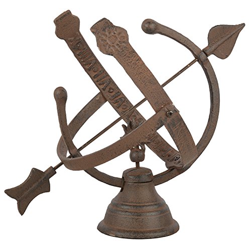 Brown cast iron armillary sundial featuring a globe and directional arrows, mounted on a sturdy base with a bell shape, ideal for garden decor.