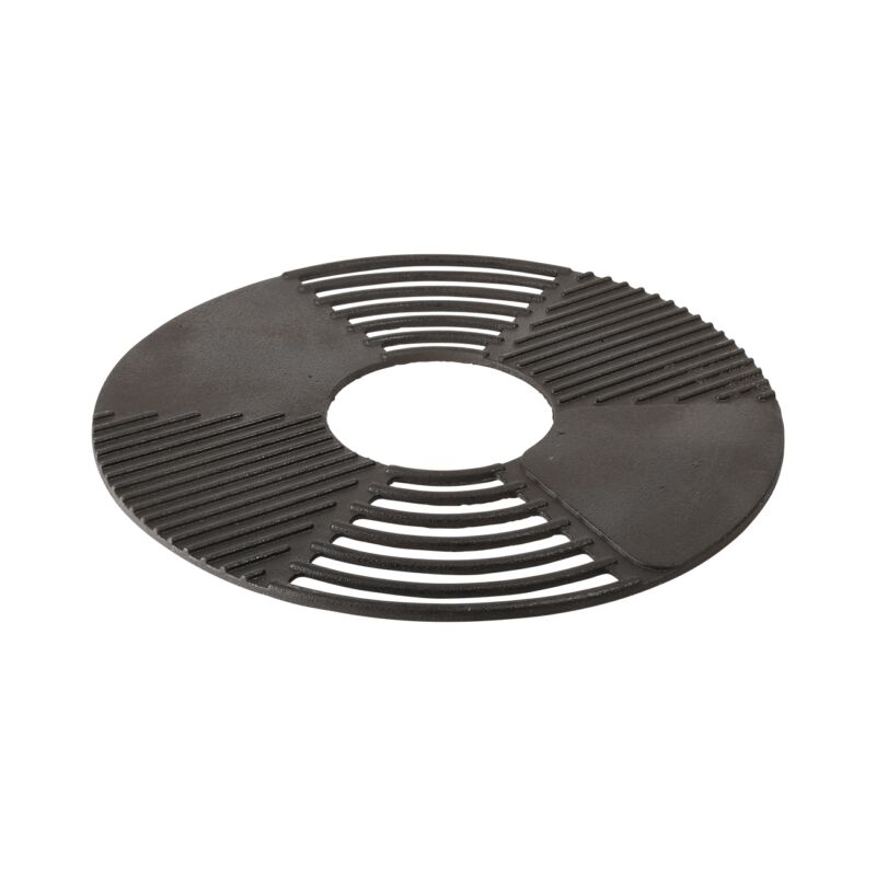 Round cast iron barbecue grill with a diameter of 60 cm and a height of 1.3 cm, featuring slotted grooves for even cooking and a central opening.