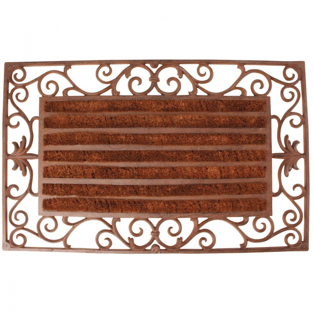 Brown coir door mat featuring a decorative scrollwork metal frame with a textured surface, designed for outdoor use, showcasing an elegant and rustic style.