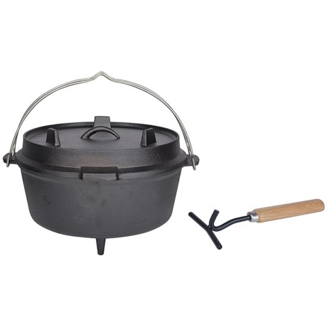 Black cast iron Dutch oven with a sturdy handle and lid, featuring a raised base and a wooden-handled tool for cooking, designed by Esschert Design.