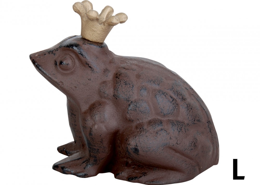 Large brown frog statue made of cast iron, featuring a textured body and a gold crown atop its head, adding a whimsical touch to garden decor.