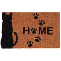 Medium coir doormat featuring a black cat silhouette and the word "HOME" with paw prints, set against a natural coconut fiber background.