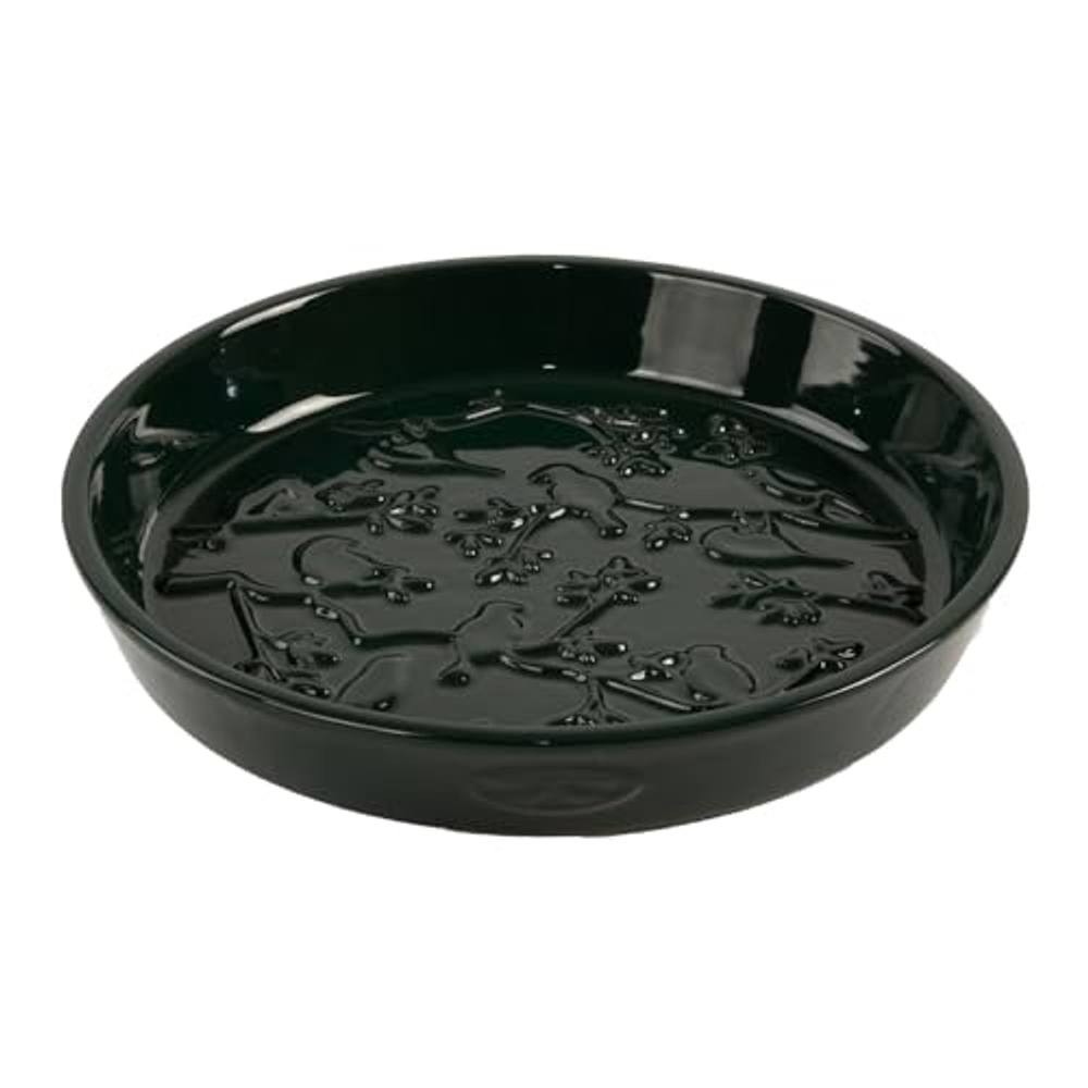 Round ceramic birdbath in a glossy dark green finish, featuring a relief pattern of leaves and birds on the interior surface.