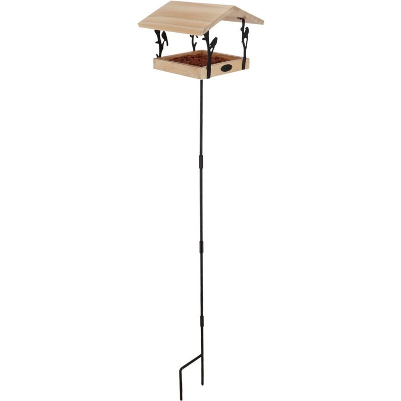 Wooden bird feeder with a slanted roof, supported by a black metal stake, featuring decorative hooks and a square feeding tray.