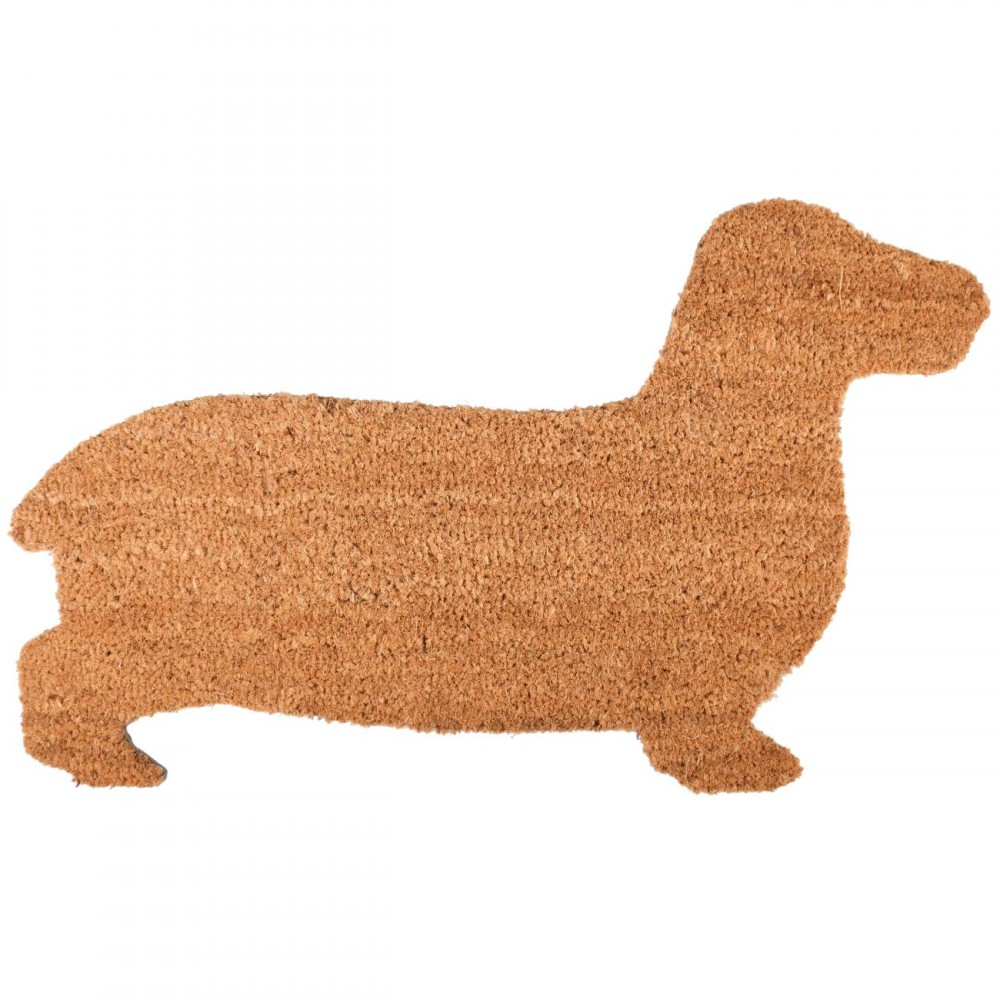 Dachshund-shaped doormat made of natural coir, featuring a light brown color with a textured surface, ideal for adding a whimsical touch to entryways.