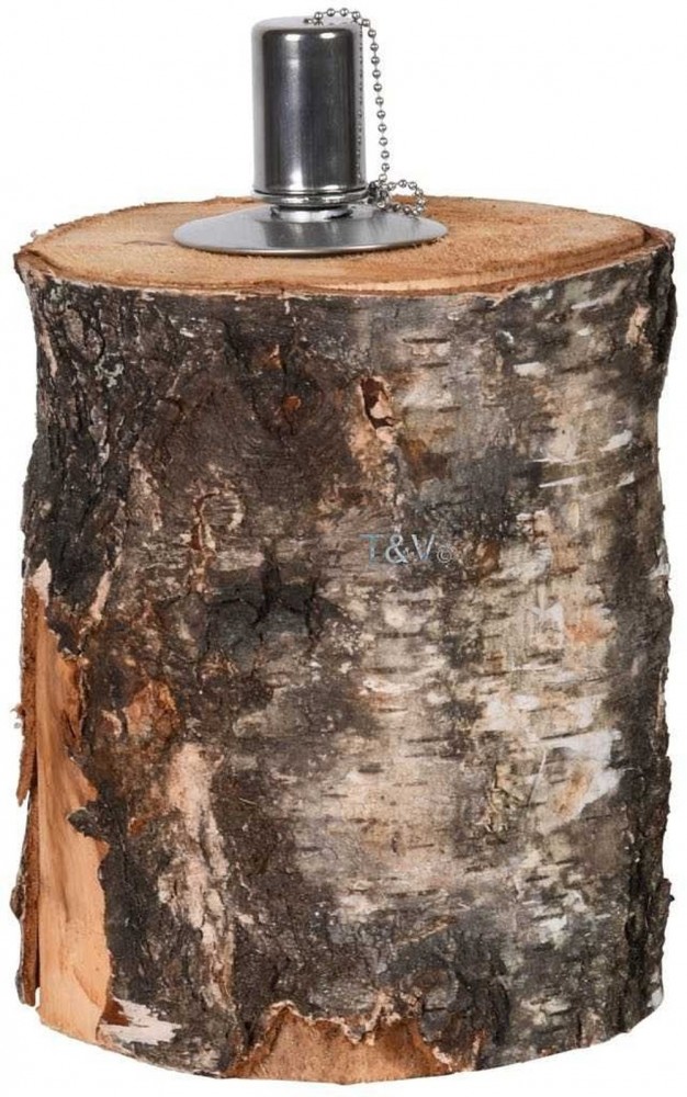 A rustic birch log oil lamp with a shiny metal top and a chain, showcasing natural wood texture and earthy tones.