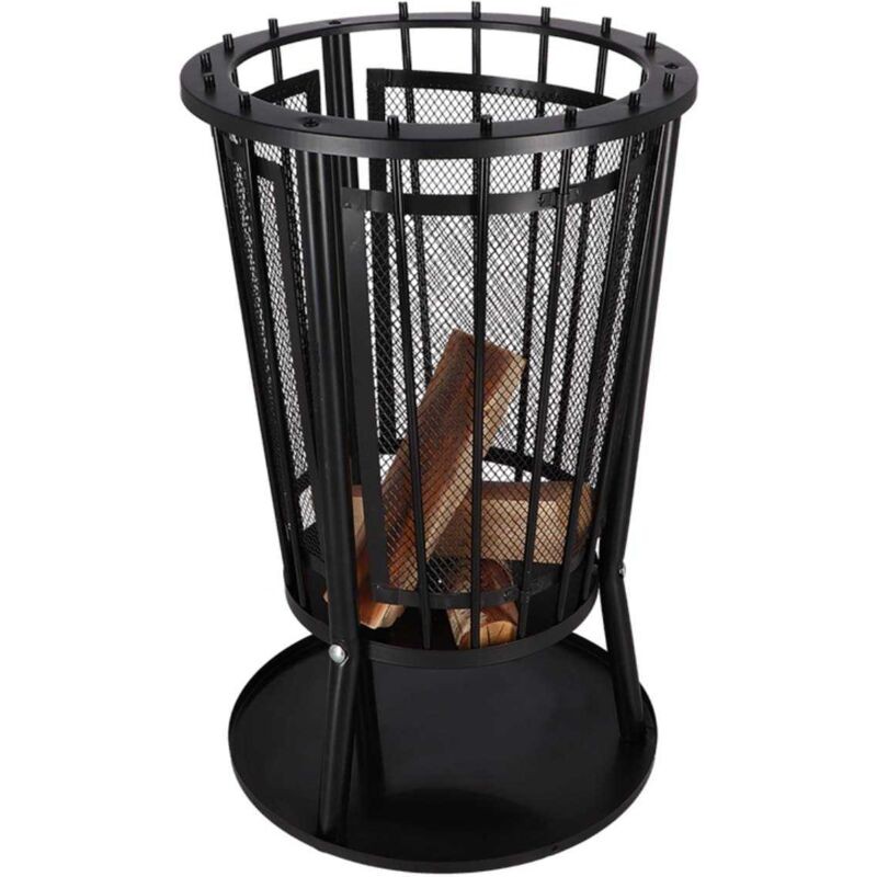 Black metal fire pit with a cylindrical design, featuring a mesh panel for airflow, a sturdy base, and logs inside, ideal for outdoor gatherings.