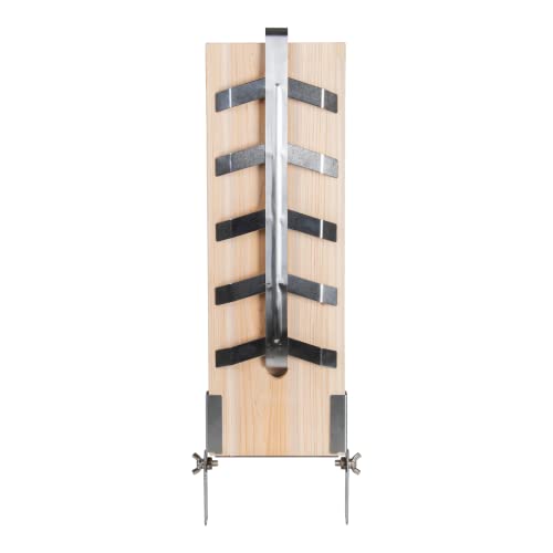 Cedar wood salmon flame board with a sleek metal handle and five metal spikes for secure fish grilling, measuring 7.7×2.2×21.7 inches.